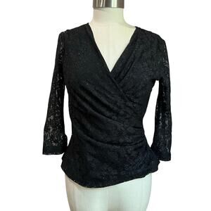 Vintage R&K Lace Ruched V Neck Sparkle Blouse Sz 8 Gothic Y2K Evening Glam